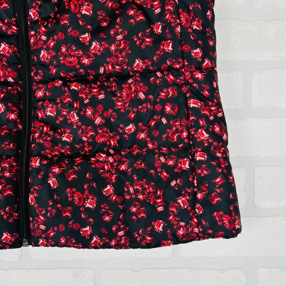 Michael Kors Women Ruby Gemstone Print Puffer Vest Black Red Zip Up Large